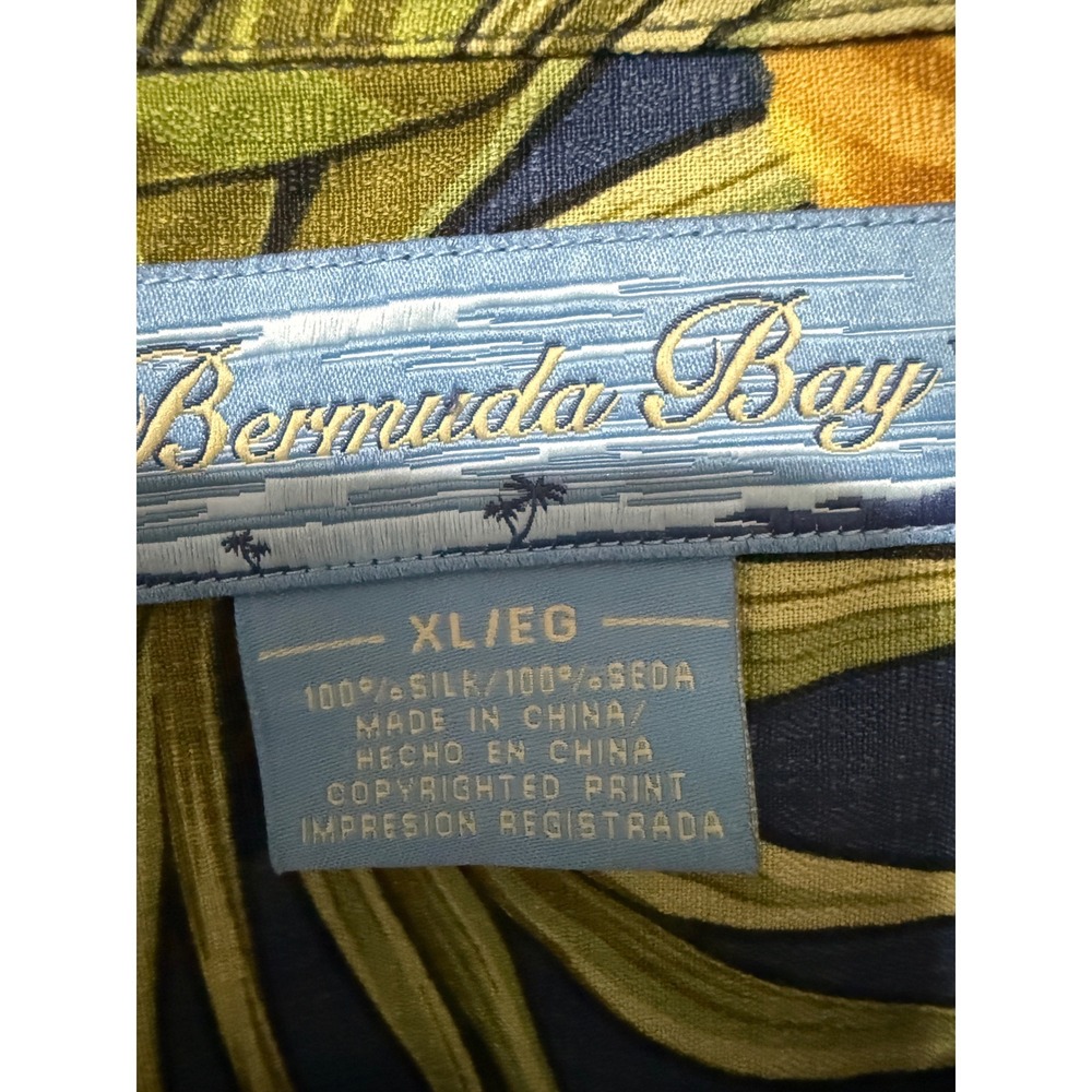 Bermuda Bay Mens XL Silk Hawaiian Shirt Floral Hibiscus Palm Leaf Navy Orange - Picture 5 of 5
